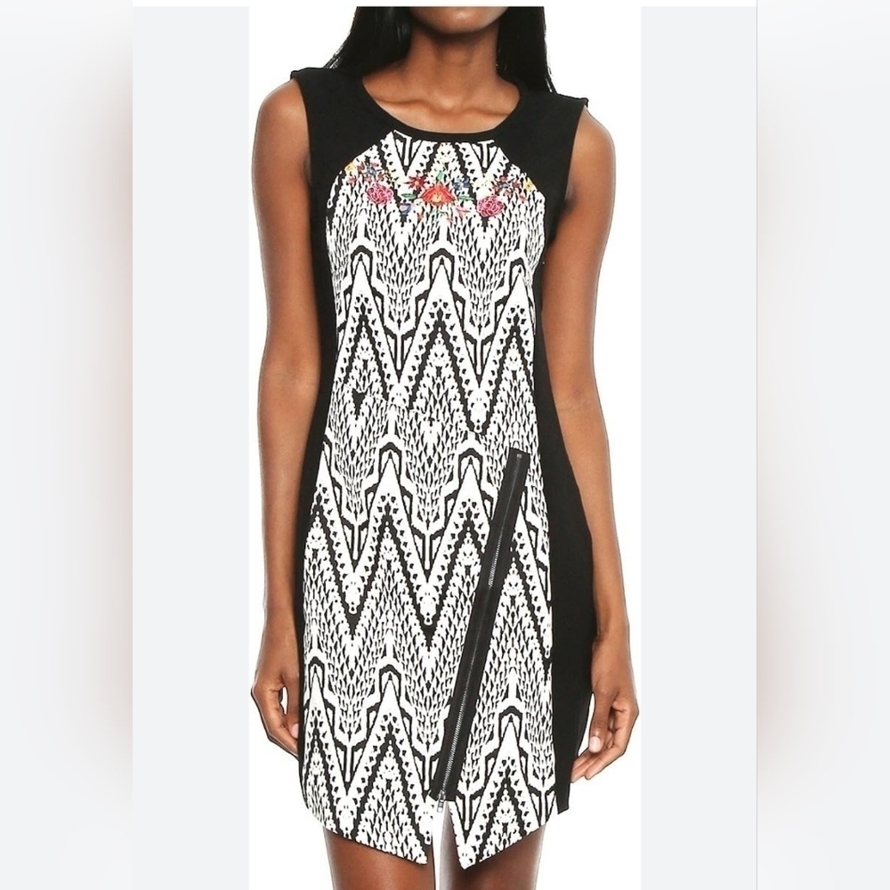 Desigual Oregon Dress Asymmetrical Hem Floral Embroidery Jacquard Knit 42/8